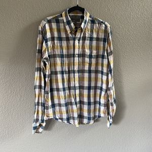 Vince Shirt Yellow Blue Plaid 100% Linen Button Down Long Sleeve Medium